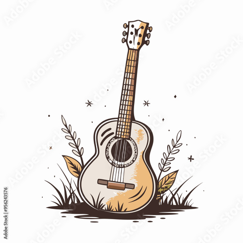 Rustic Acoustic Guitar Illustration with Nature Elements for Outdoor Music