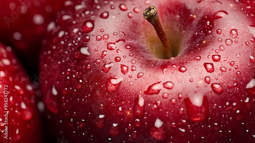 Close-up photograph of a deep red apple with tiny beads of clear water embellishing its smooth, glossy skin. 