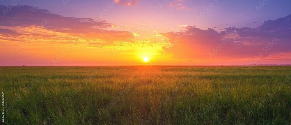 Fototapeta premium A Stunning Sunset Over Lush Grassy Plains Showcasing the Beauty of Nature During Twilight Hours