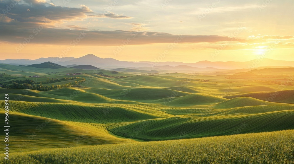Fototapeta premium Golden Sunset Illuminating Rolling Green Hills in a Tranquil Landscape With Distant Mountains and a Serene Atmosphere