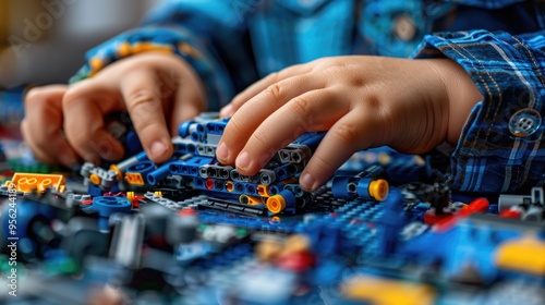 A close-up of a child's hands assembling a colorful robot from construction set pieces during a lesson, highlighting the complexity and fun of the modern toy and its detailed elements.