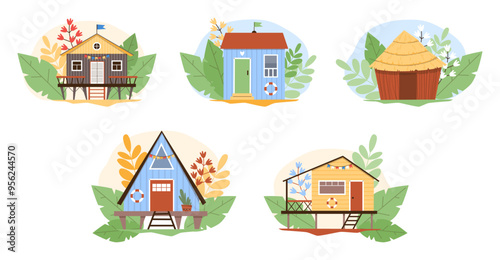 Beach hut vector set. Wooden bungalows and tropical cottages with palm leaves and flowers against white background.