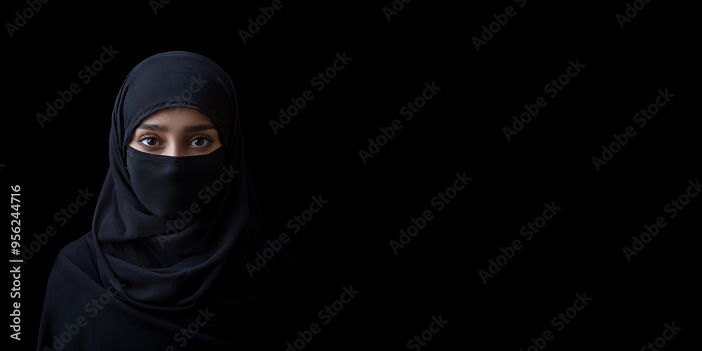 Banner with Portrait of a Woman Wearing Black Burkah on Black Background Banner with Portrait of a Woman Wearing Black Burkah on Black Background
