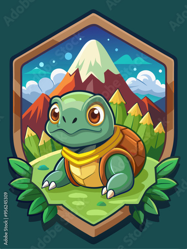 Cute Cartoon Turtle in a Mountain Landscape