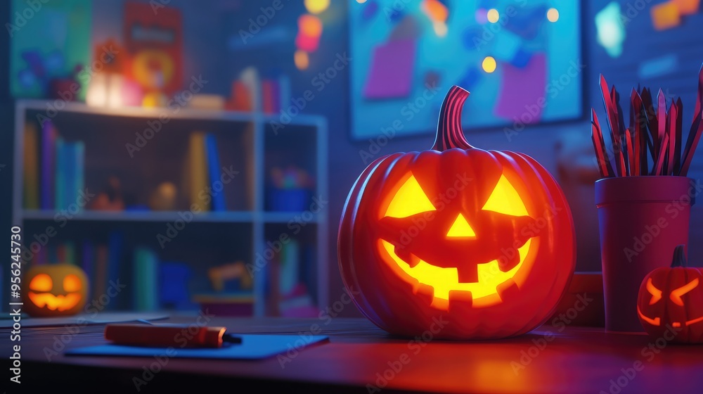 Glowing Halloween Pumpkin on a Desk at Home in 3D Illustration. AI generated illustration Glowing Halloween Pumpkin on a Desk at Home in 3D Illustration. AI generated illustration