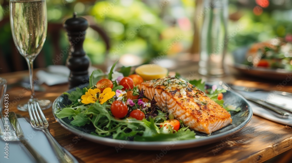 A gourmet platter with salad and grilled salmon graces a rustic table, enhanced by soft lighting and nature. A gourmet platter with salad and grilled salmon graces a rustic table, enhanced by soft lighting and nature.