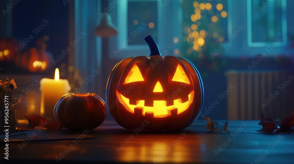 Glowing Halloween Pumpkin on a Desk at Home in 3D Illustration. AI generated illustration Glowing Halloween Pumpkin on a Desk at Home in 3D Illustration. AI generated illustration