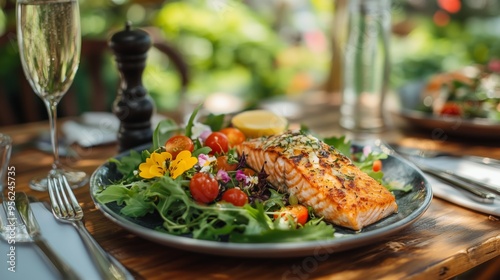 A gourmet platter with salad and grilled salmon graces a rustic table, enhanced by soft lighting and nature.