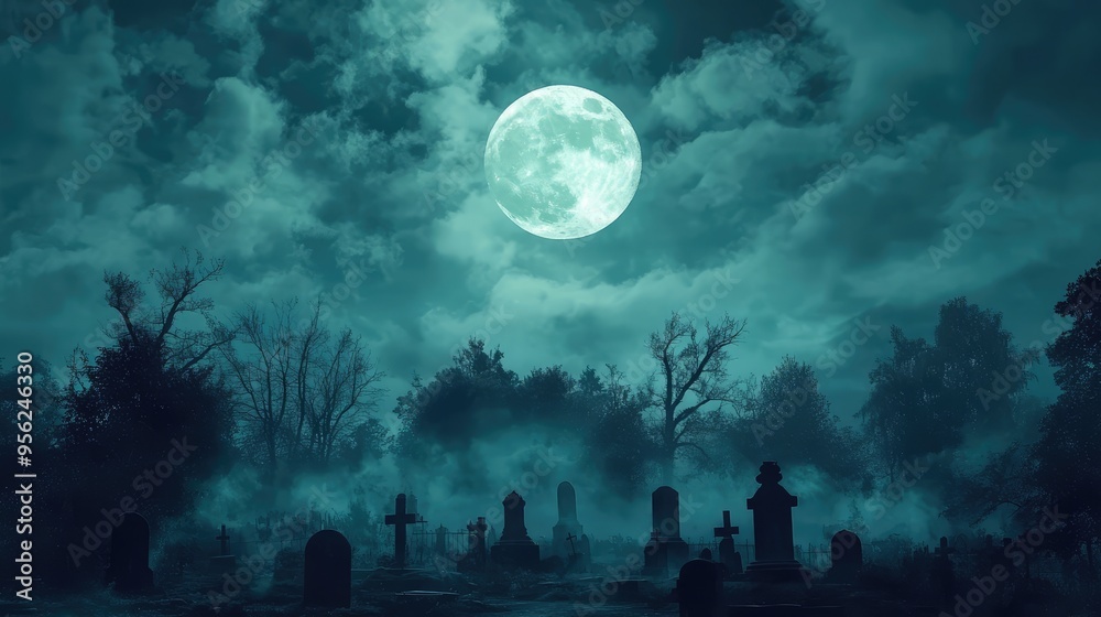 Spooky Graveyard at Night with Moon and Cloudy Sky. Halloween Backdrop. AI generated illustration Spooky Graveyard at Night with Moon and Cloudy Sky. Halloween Backdrop. AI generated illustration
