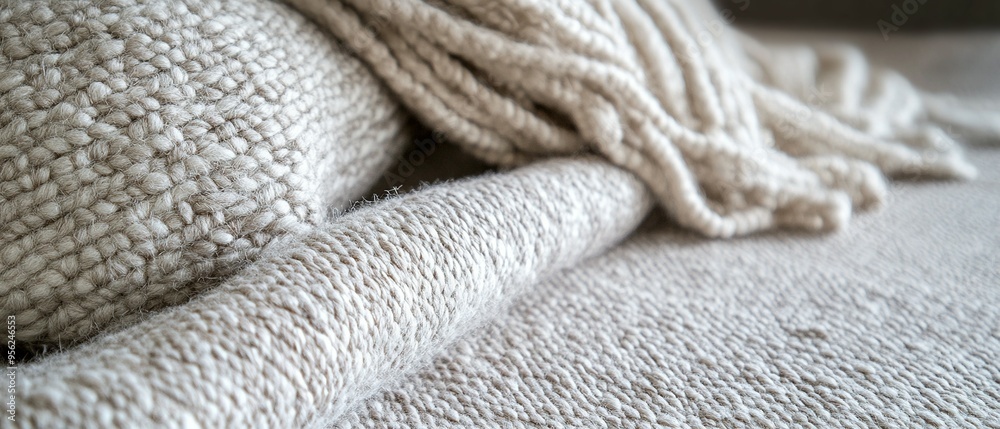 Close-up of a Soft Beige Knitted Blanket and Pillow Close-up of a Soft Beige Knitted Blanket and Pillow