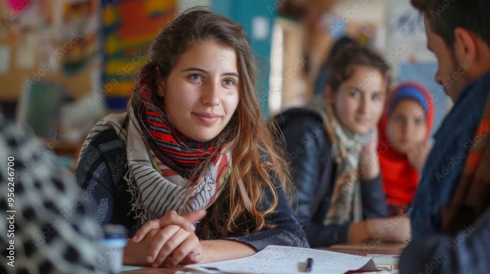 Obraz premium Volunteers teaching refugees local language skills, community engagement, integration and support