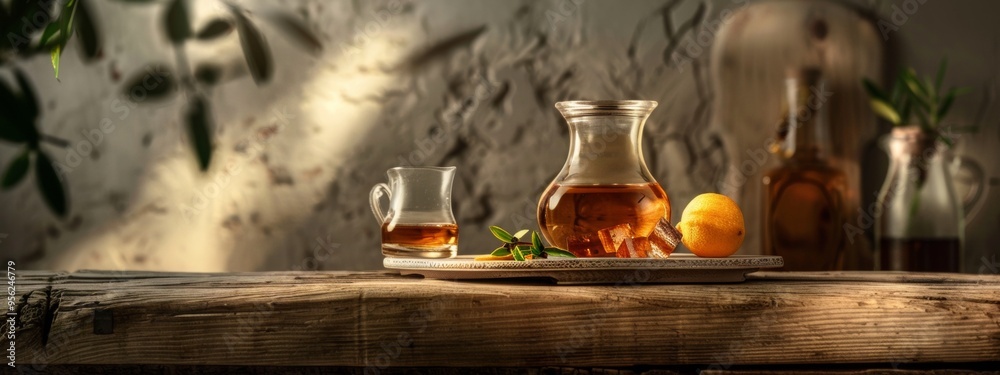 Elegant glass of tea with lemon on a rustic wooden table Elegant glass of tea with lemon on a rustic wooden table