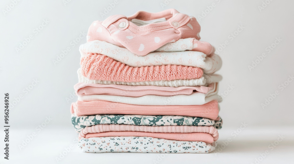 A stack of baby girl's clothes arranged on a white background. A stack of baby girl's clothes arranged on a white background.