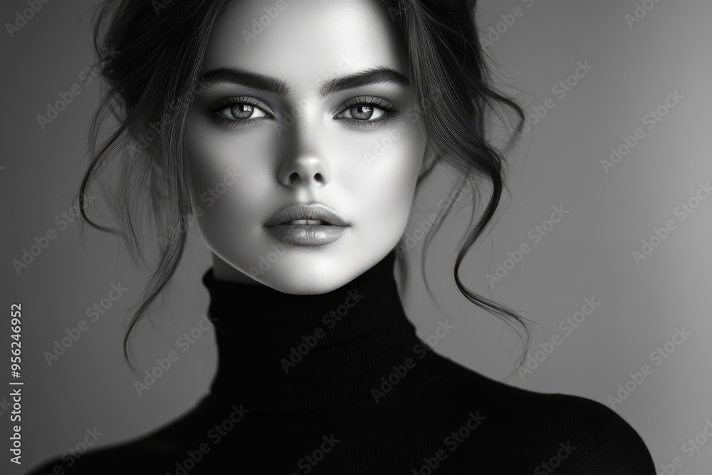 Black and white art Studio portrait of a beautiful elegant woman in a black turtleneck. Black and white art Studio portrait of a beautiful elegant woman in a black turtleneck.