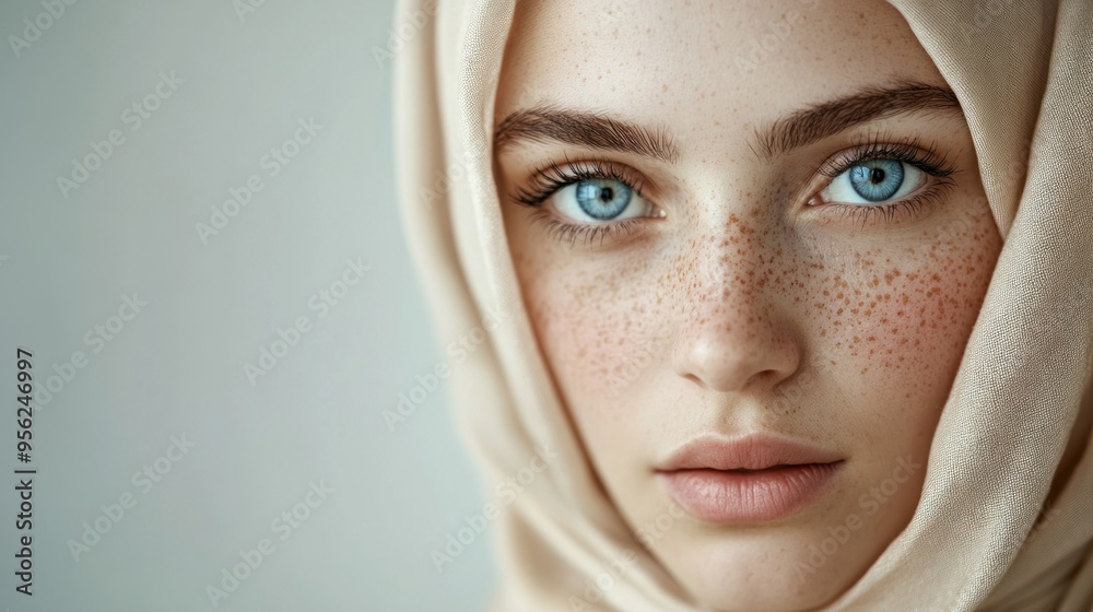Close-Up Portrait of a Young Woman with Blue Eyes and Freckles Close-Up Portrait of a Young Woman with Blue Eyes and Freckles