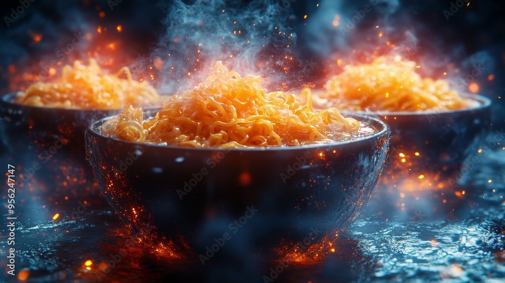 A bowl of neon ramen with floating noodles, surrounded by electric sparks, cyberpunk aesthetic, hyper-realistic, high detail, photorealistic A bowl of neon ramen with floating noodles, surrounded by electric sparks, cyberpunk aesthetic, hyper-realistic, high detail, photorealistic