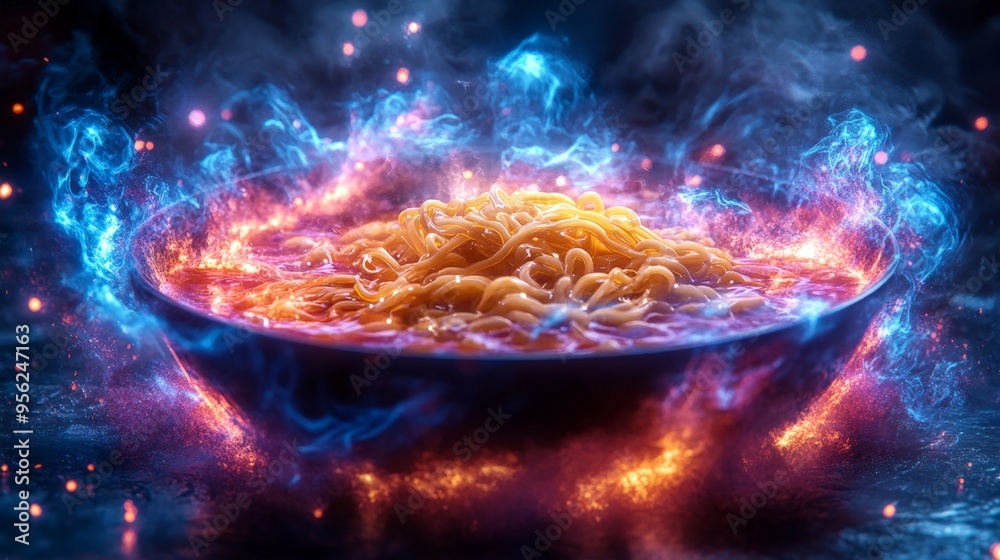 A bowl of neon ramen with floating noodles, surrounded by electric sparks, cyberpunk aesthetic, hyper-realistic, high detail, photorealistic A bowl of neon ramen with floating noodles, surrounded by electric sparks, cyberpunk aesthetic, hyper-realistic, high detail, photorealistic