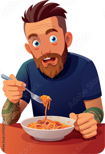 Hungry hipster enjoying a big bowl of spaghetti