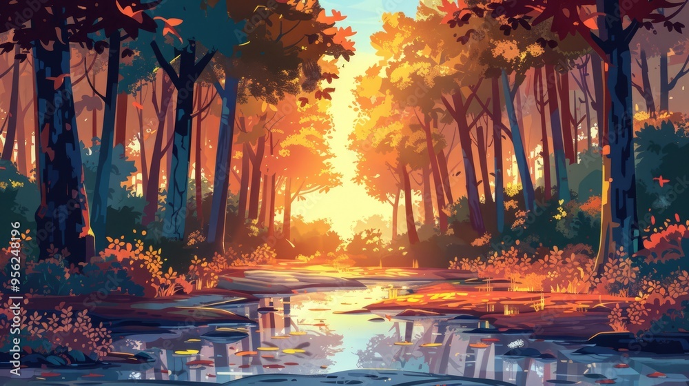 Fototapeta premium On a sunny day in a peaceful forest, sunlight filters through the chestnut trees, casting a warm glow and dappling the light over a tranquil pond.