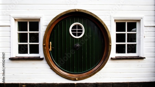 Round Doorway with a Circular Window and White Trimmed Windows photo