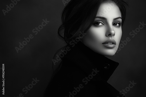 high fashion portrait of elegant woman in black coat. Black and White image