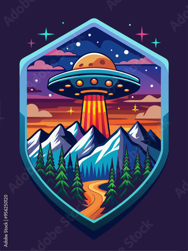 UFO Hovering Over a Mountain Range with a Forest and Winding Road in a Shield-Shaped Frame