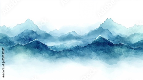 Wallpaper Mural Serene Blue Mountain Peaks: A watercolor landscape of distant, misty mountains rendered in tranquil blues and greens, evoking a sense of peace and majesty.  Torontodigital.ca