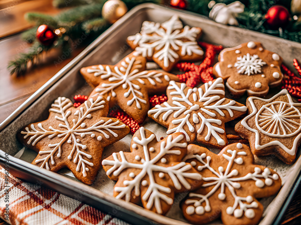 A tray of freshly baked gingerbread cookies each decorated A tray of freshly baked gingerbread cookies each decorated