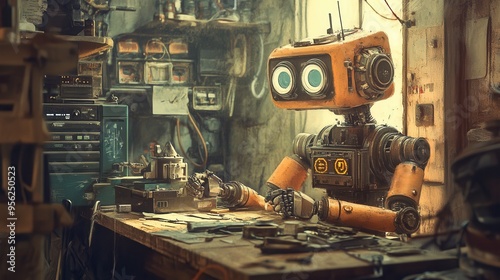 A whimsical robot in a cluttered workshop, engaged in tinkering with various mechanical parts and tools.