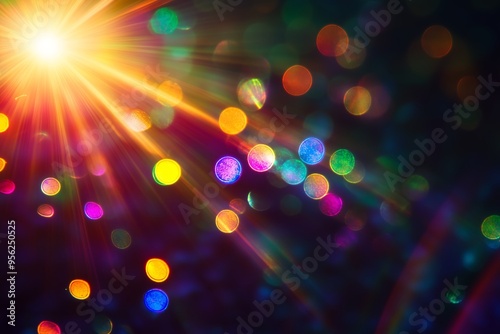 Colorful light rays and shimmering bokeh effects create a vibrant atmosphere in an abstract nighttime setting