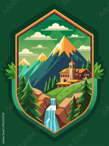 Mountain Village Landscape with Waterfall and Green Trees in a Hexagon Frame