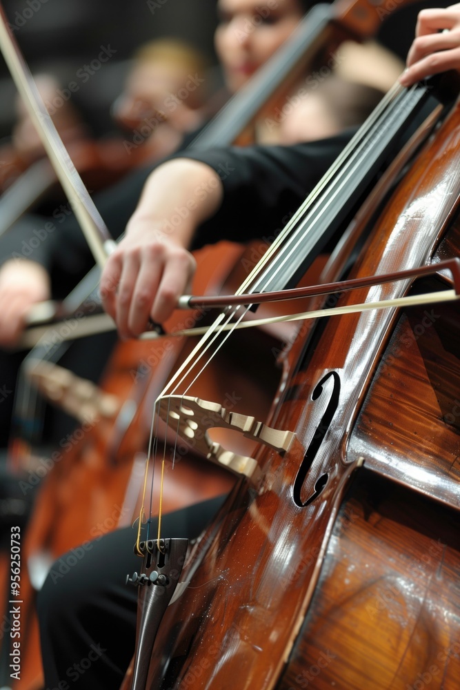 Fototapeta premium Close-Up of Cellists Playing in Orchestra. Classical Music Performance with String Instruments.