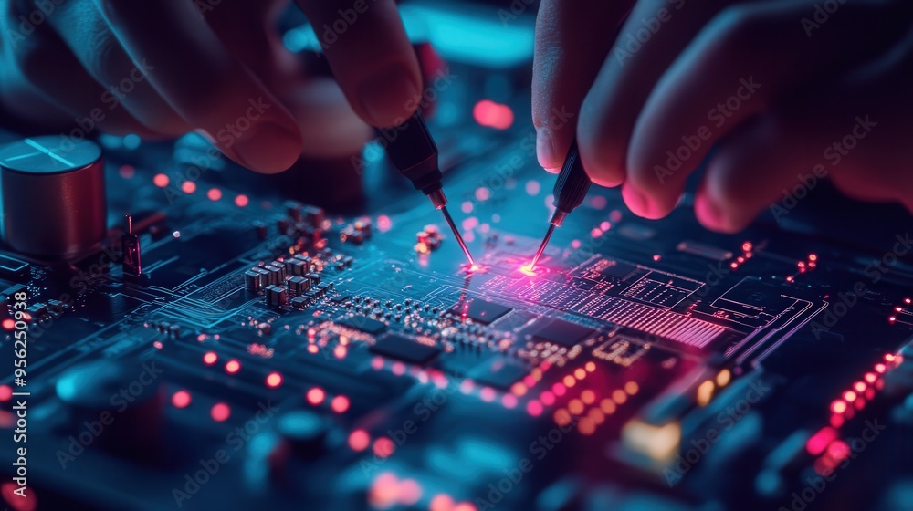 Close-up of hands testing a circuit board with multimeter probes, showcasing vibrant lights and intricate electronic components. Close-up of hands testing a circuit board with multimeter probes, showcasing vibrant lights and intricate electronic components.