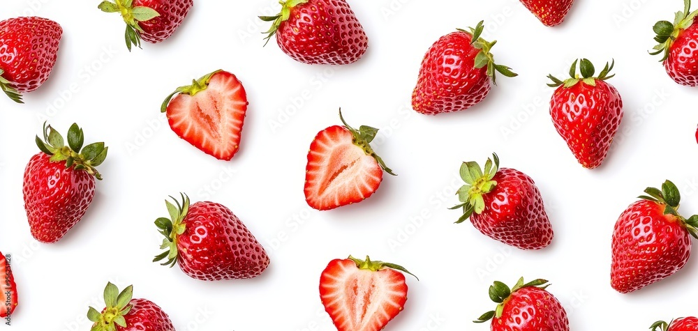 Top view of sliced and whole strawberries creating a seamless pattern against a white background, emphasizing freshness Top view of sliced and whole strawberries creating a seamless pattern against a white background, emphasizing freshness