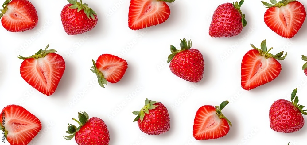 Top view of sliced and whole strawberries creating a seamless pattern against a white background, emphasizing freshness