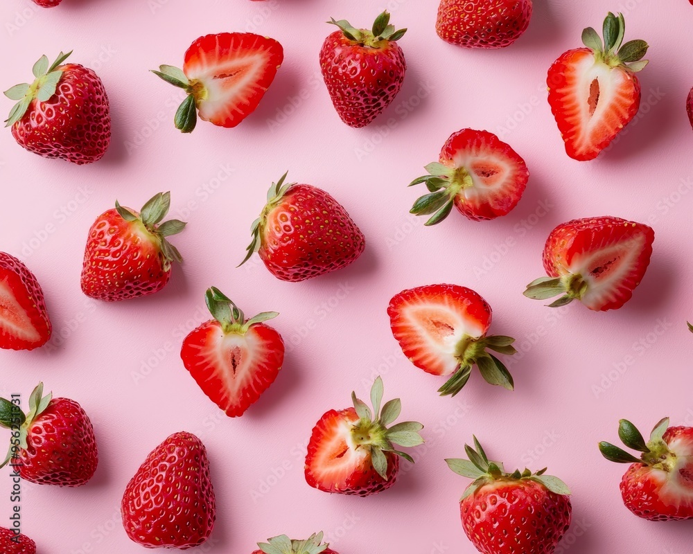 Top-down view of whole and halved strawberries scattered on a pastel pink surface, playful and colorful composition Top-down view of whole and halved strawberries scattered on a pastel pink surface, playful and colorful composition