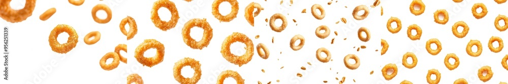 An image of a falling fried onion ring, isolated on white, selectively focused An image of a falling fried onion ring, isolated on white, selectively focused