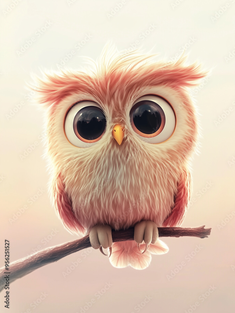 Fototapeta premium Cute Cartoon Owl Perched on Branch