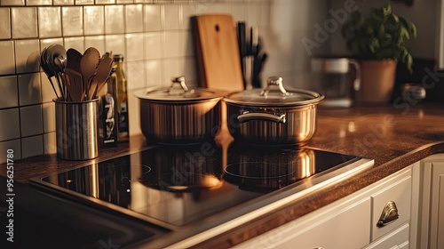 Two pots on modern stovetop. This photo can be used to depict cooking, kitchens, or home appliances.