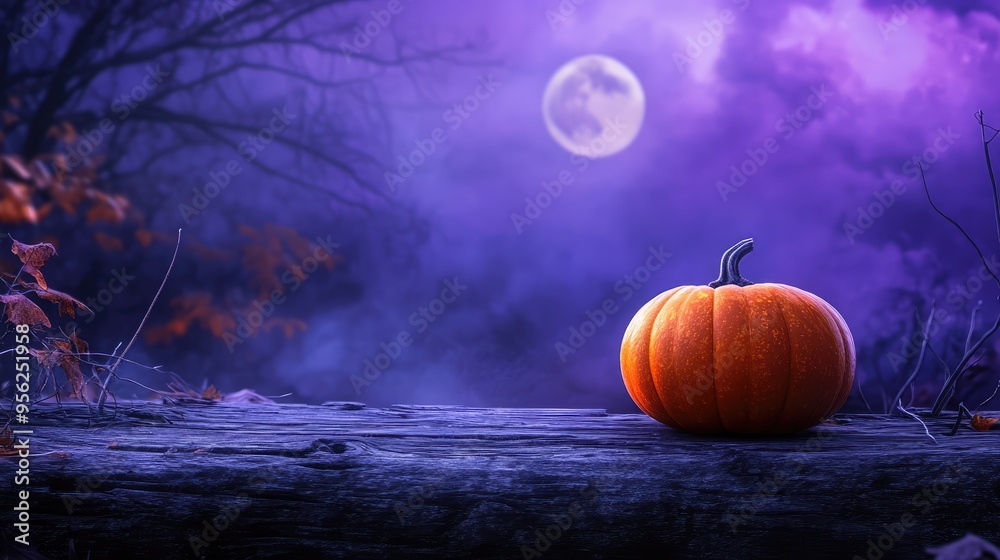Halloween Table with Old Wooden Plank and Orange Pumpkin in Purple Landscape with Moonlight. AI generated illustration Halloween Table with Old Wooden Plank and Orange Pumpkin in Purple Landscape with Moonlight. AI generated illustration