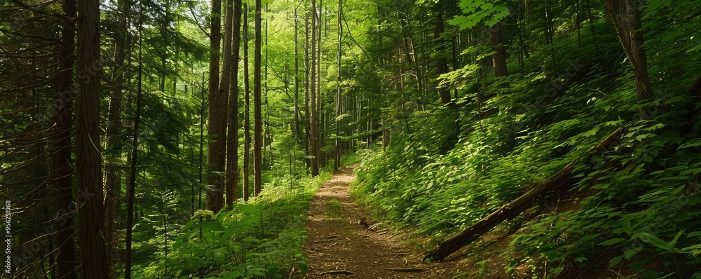 Obraz premium Beautiful forest scene bathed in sunlight with tall trees and lush green underbrush, evoking a sense of peace and wilderness.