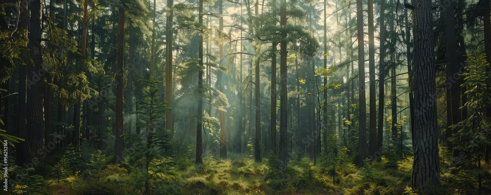 Obraz premium Beautiful forest scene bathed in sunlight with tall trees and lush green underbrush, evoking a sense of peace and wilderness.