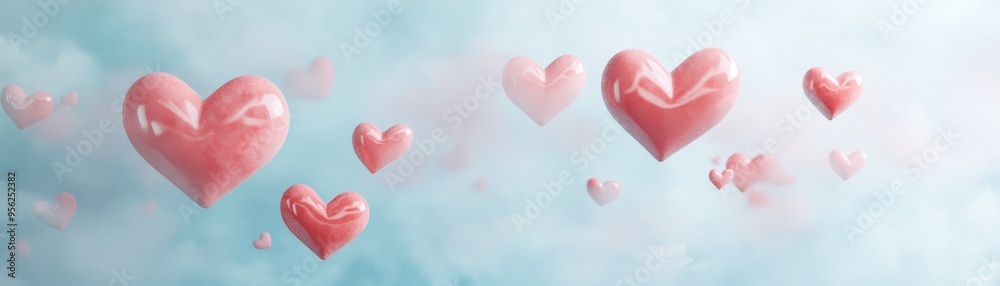 Floating Pink Hearts on a Blue Sky with Clouds Background Floating Pink Hearts on a Blue Sky with Clouds Background
