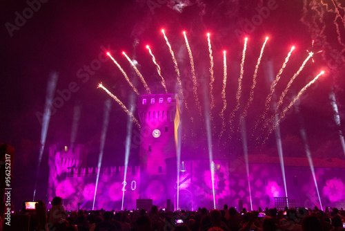 formigine ludi di san bartolomeo fire at the castle with fireworks anniversary of the saint photo