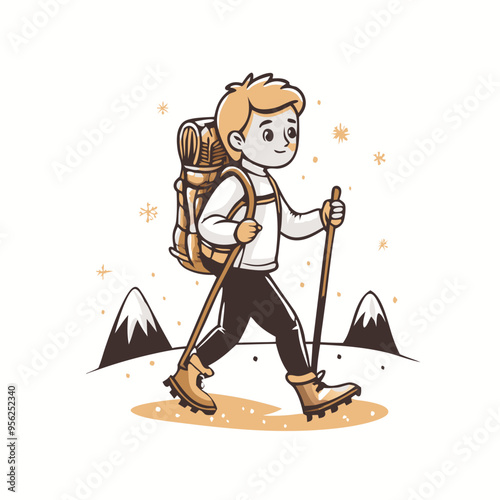 Cheerful Cartoon Hiker Trekking Through Snowy Mountains