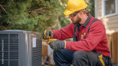A technician repairs an air conditioning unit outdoors, showcasing professional skills and safety measures in home maintenance.