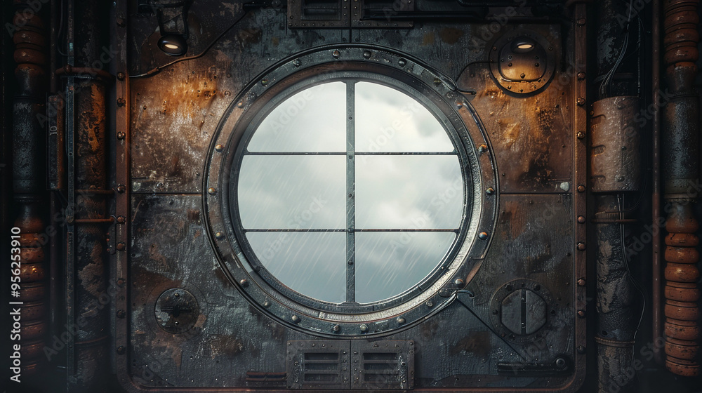 Fototapeta premium Spaceship grunge interior window isolated with cloud view