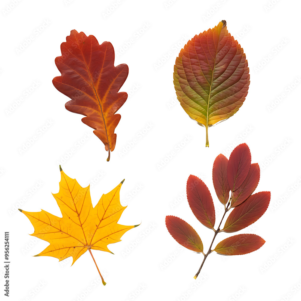 Naklejka premium collection of autumn leaves. leaf of oak, maple, hawthorn, aspen. red and yellow foliage. herbarium. png isolated background. transparent background
