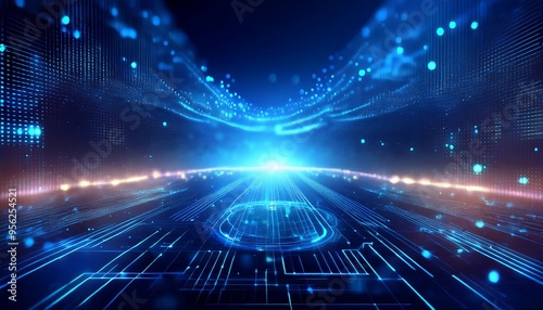 Abstract digital network circuit board background banner with glowing light and connecting data dots in blue and black colors. Big data technology concept.