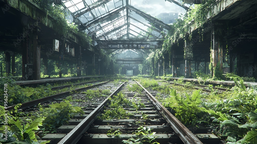 Abandoned train station overgrown with lush greenery and sunlight streaming through ruins. Abandoned train station overgrown with lush greenery and sunlight streaming through ruins.